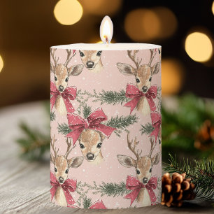 Cute Deer with Red Bow Pink Christmas Pillar Candle