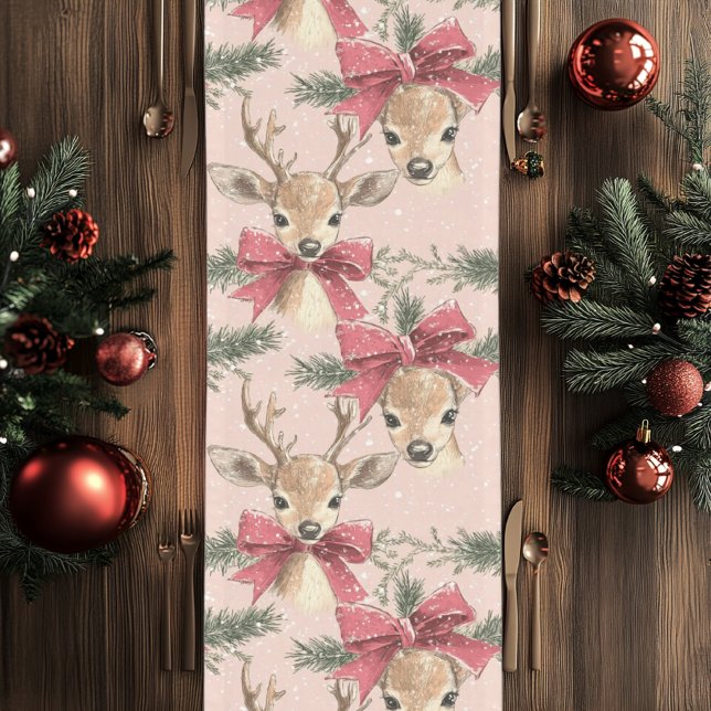 Cute Deer with Red Bow | Pink Christmas  Short Table Runner (Creator Uploaded)