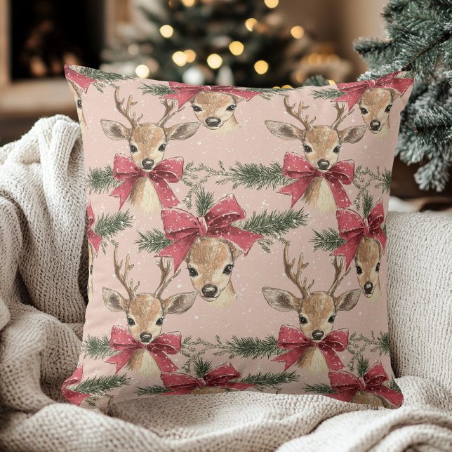 Cute Deer with Red Bow | Pink Christmas  Throw Pillow (Creator Uploaded)