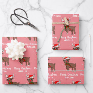 Cute Deer with Santa Hat Kids Pink Wrapping Paper Sheets