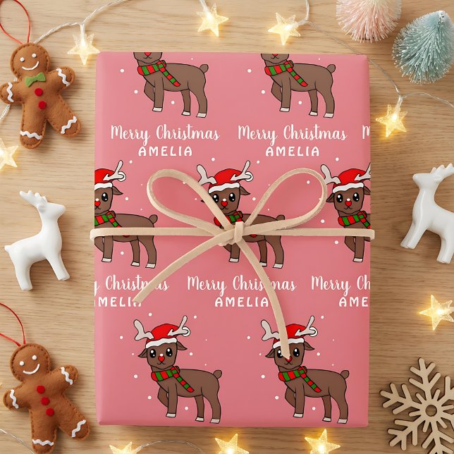Cute Deer with Santa Hat Kids Pink Wrapping Paper Sheets (Creator Uploaded)