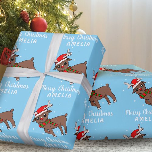 Cute Deer with Santa Hat Kids Wrapping Paper