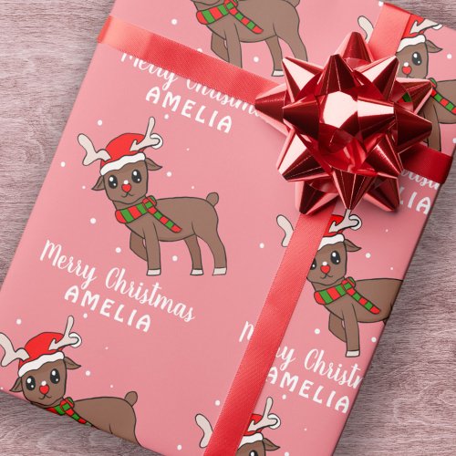 Cute Deer with Santa Hat Pink Kids  Wrapping Paper