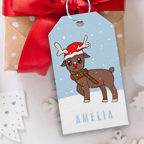 Cute Deer with Santa Hat Snow Christmas Kid Gift Tags