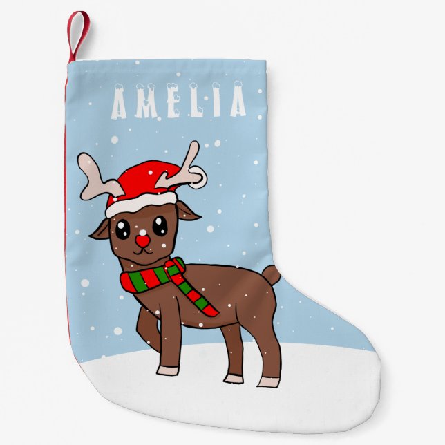 Cute Deer with Santa Hat Snow Christmas Kid Small Christmas Stocking (Front)