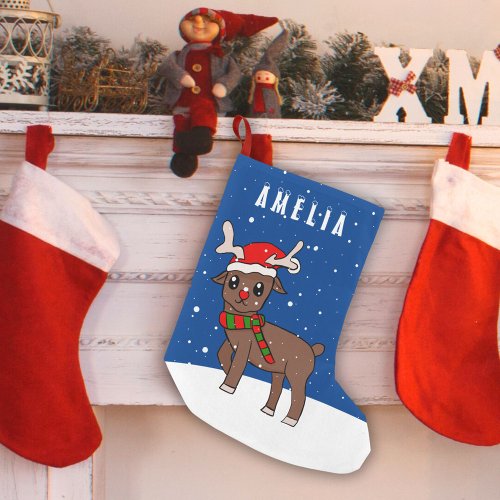 Cute Deer with Santa Hat Snow Christmas Kid Small Christmas Stocking