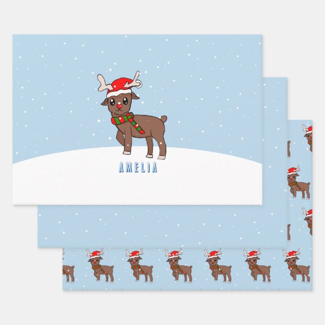 Cute Deer with Santa Hat Snow Christmas Kid Wrapping Paper Sheets (Set)