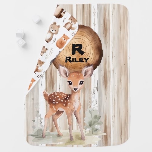 Cute Deer Woodland Animals Monogram Baby Blanket