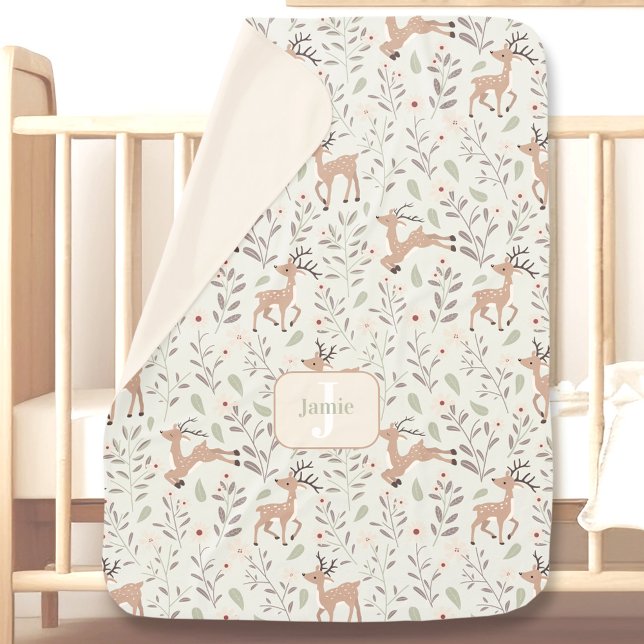 Cute Deer Woodland Sage Green Beige Name Monogram Baby Blanket (Cute Deer Woodland Sage Green Beige Name Monogram Baby Blanket)