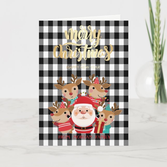 Cute Deers Black Buffalo Plaid Holiday  Card (Front)