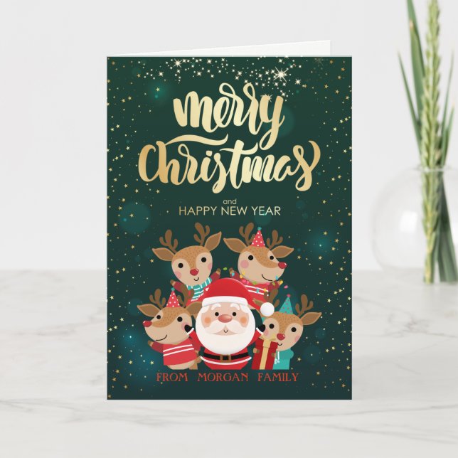 Cute Deers,Santa Claus Green Holiday Card (Front)