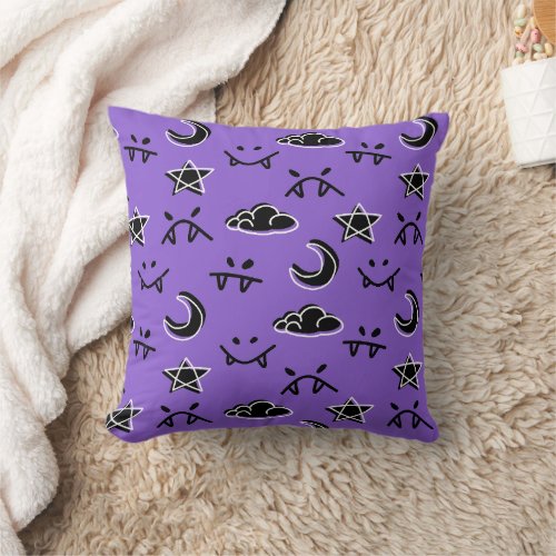 Cute Demon faces night moon star and cloud purple Throw Pillow
