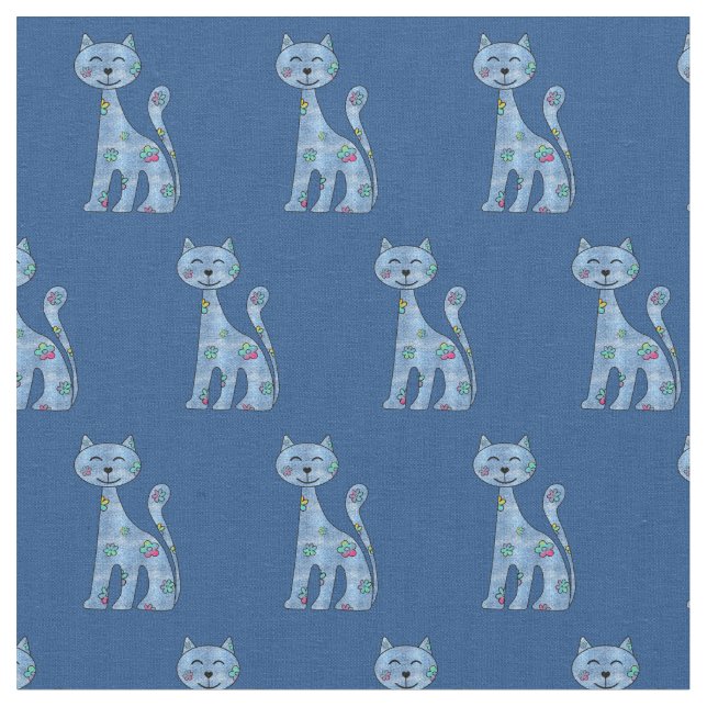 Cute Denim n Flowers Cartoon Cat Fabric (Close Up)