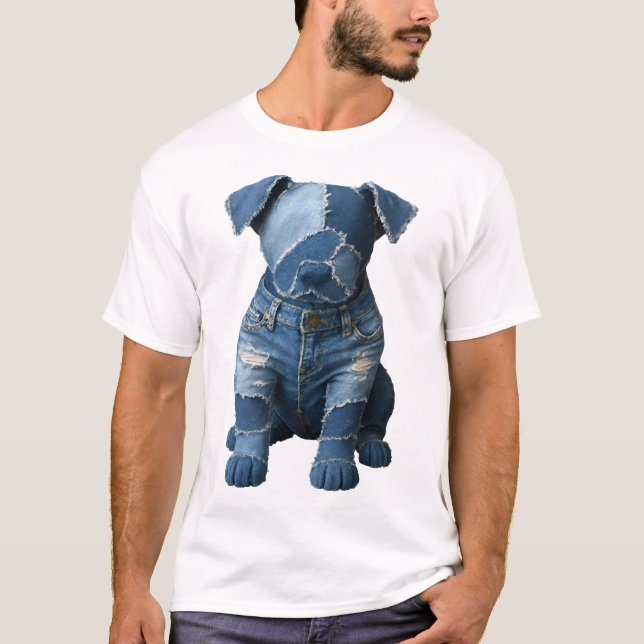 Cute Denim Patchwork Art Dog T-Shirt (Front)