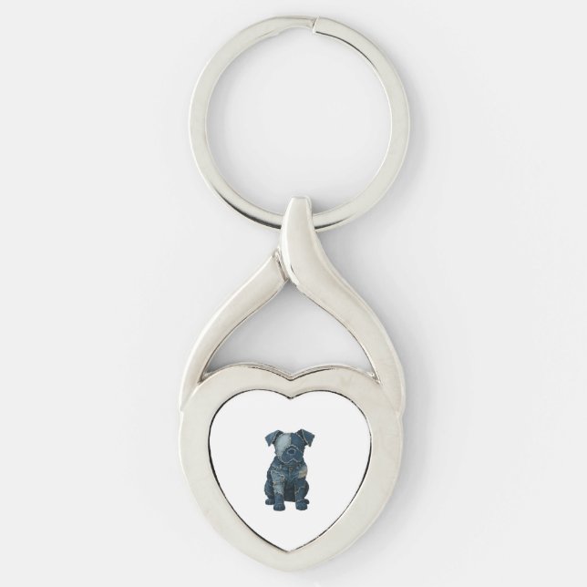 Cute Denim Patchwork Art Dog T-Shirt Keychain (Front)