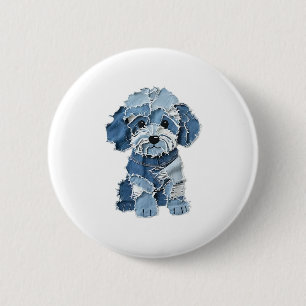Cute Denim Patchwork Dog Illustration Button