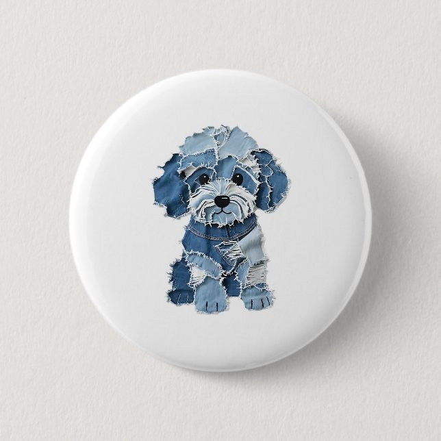 Cute Denim Patchwork Dog Illustration Button (Front)