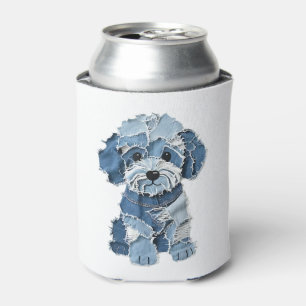 Cute Denim Patchwork Dog Illustration Can Cooler