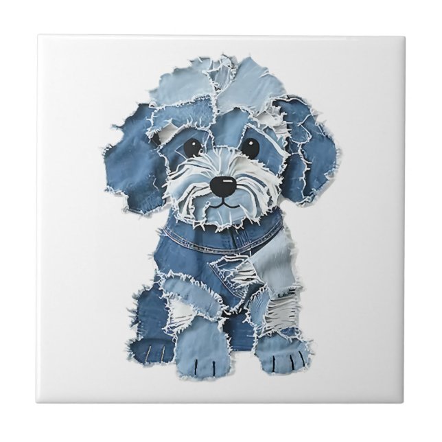 Cute Denim Patchwork Dog Illustration Ceramic Tile (Front)