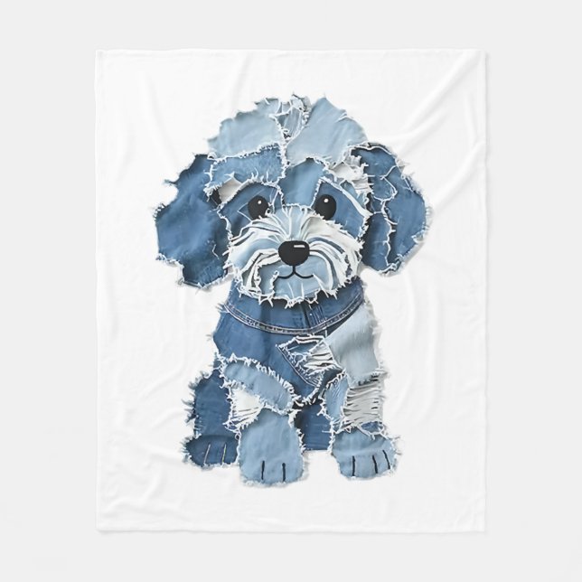 Cute Denim Patchwork Dog Illustration Fleece Blanket (Front)