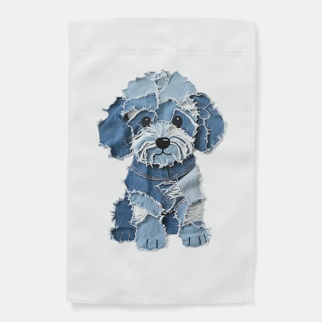 Cute Denim Patchwork Dog Illustration Garden Flag (Front)