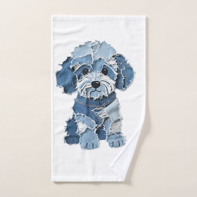Cute Denim Patchwork Dog Illustration Hand Towel (Hand Towel)