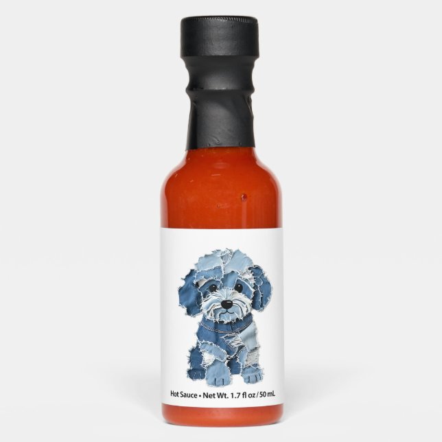 Cute Denim Patchwork Dog Illustration Hot Sauces (Front)