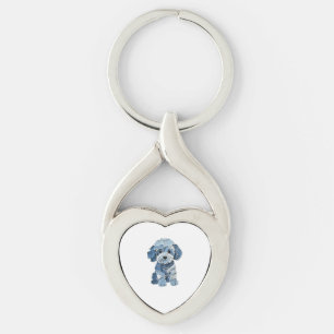 Cute Denim Patchwork Dog Illustration Keychain