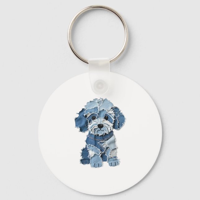 Cute Denim Patchwork Dog Illustration Keychain (Front)