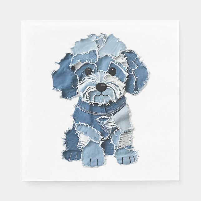 Cute Denim Patchwork Dog Illustration Napkins (Front)
