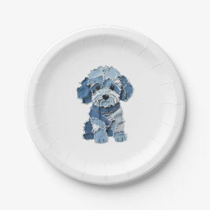 Cute Denim Patchwork Dog Illustration Paper Plates
