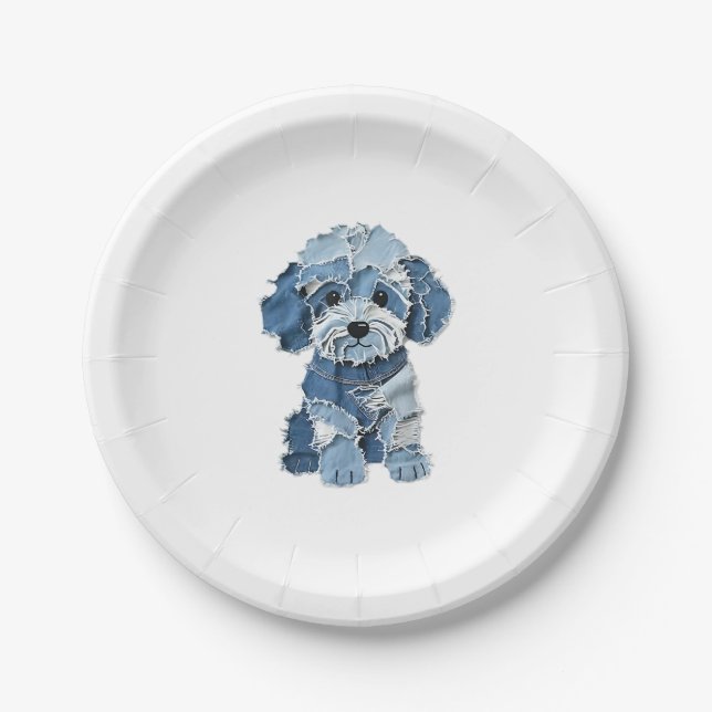Cute Denim Patchwork Dog Illustration Paper Plates (Front)