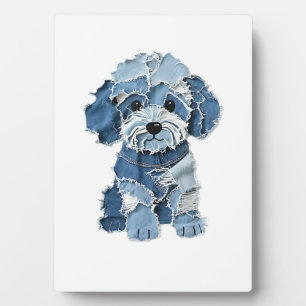 Cute Denim Patchwork Dog Illustration Plaque