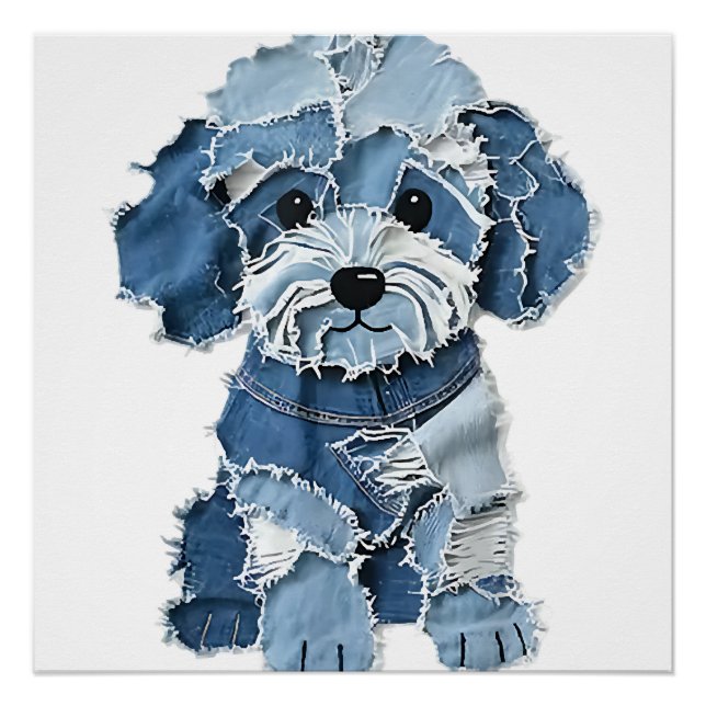Cute Denim Patchwork Dog Illustration Poster (Front)