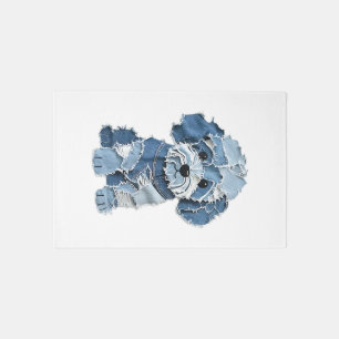 Cute Denim Patchwork Dog Illustration Rug