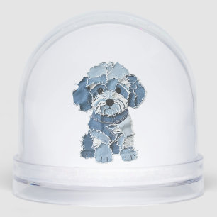 Cute Denim Patchwork Dog Illustration Snow Globe