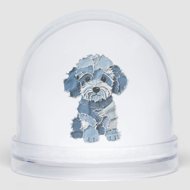 Cute Denim Patchwork Dog Illustration Snow Globe (Front)