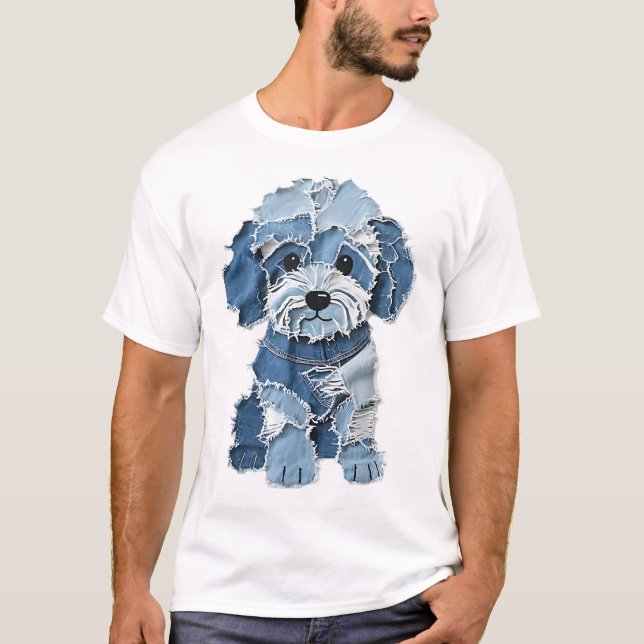 Cute Denim Patchwork Dog Illustration T-Shirt (Front)