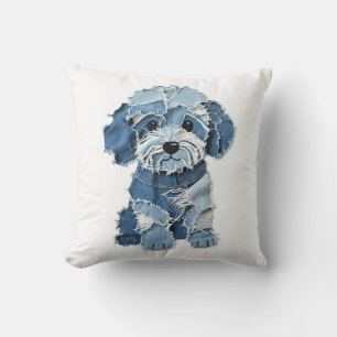 Cute Denim Patchwork Dog Illustration Throw Pillow