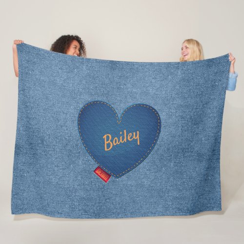 Cute Denim Pattern With Personalized Heart Fleece Blanket