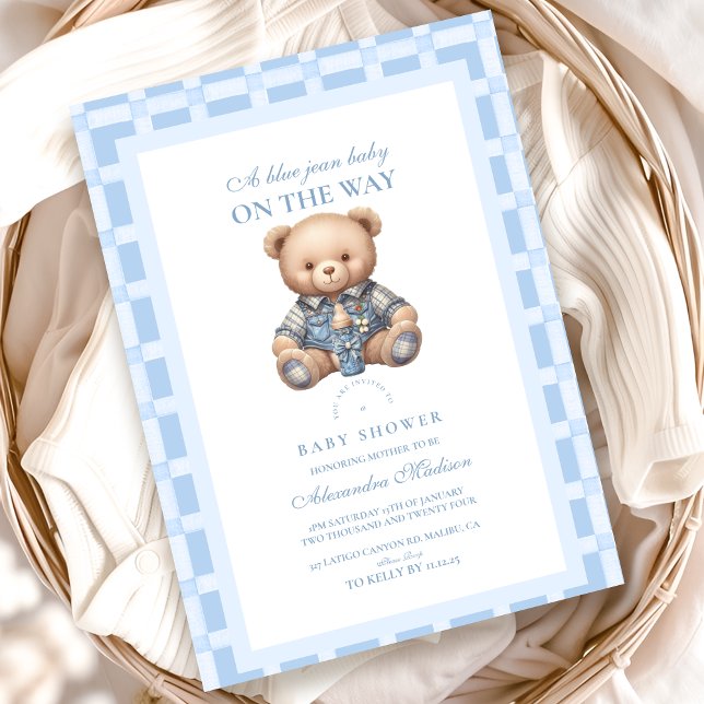 Cute Denim Teddy Bear Baby Shower Invitation (Creator Uploaded)