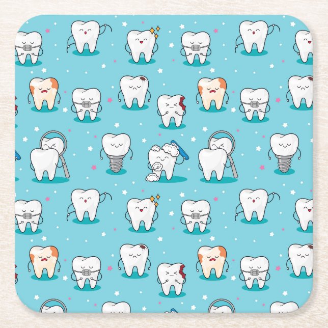 Cute Dental Pattern Square Paper Coaster (Front)