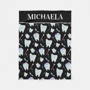 Cute Dentist Dental Hygienist Tooth Pattern Black Fleece Blanket