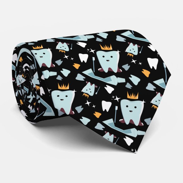Cute Dentist Dental Hygienist Tooth Pattern Black Neck Tie (Rolled)