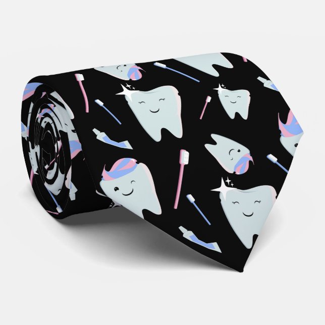 Cute Dentist Dental Hygienist Tooth Pattern Black Neck Tie (Rolled)