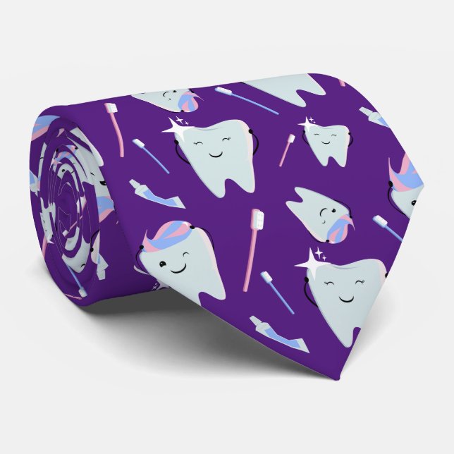 Cute Dentist Dental Hygienist Tooth Pattern Purple Neck Tie (Rolled)