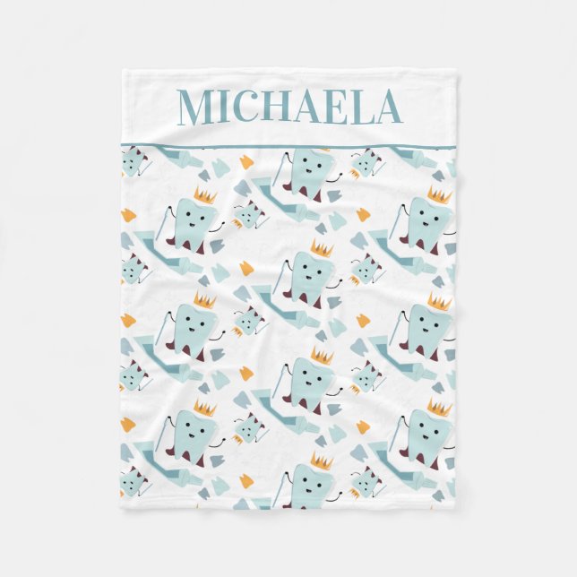 Cute Dentist Dental Hygienist Tooth Pattern White Fleece Blanket (Front)