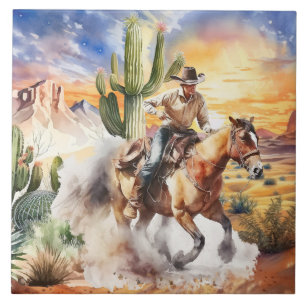 cute desert cactus horse riding cowboy ceramic tile