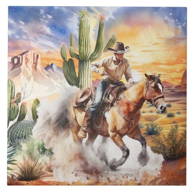 cute desert cactus horse riding cowboy ceramic tile (Front)