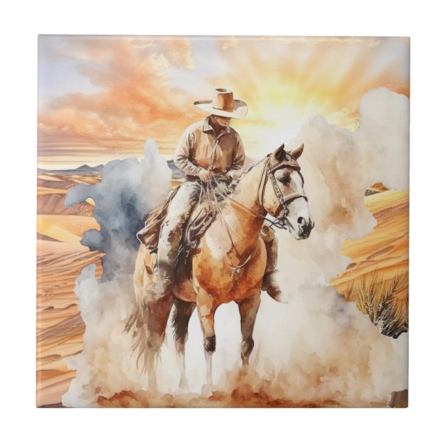 cute desert cactus horse riding cowboy  ceramic tile (Front)